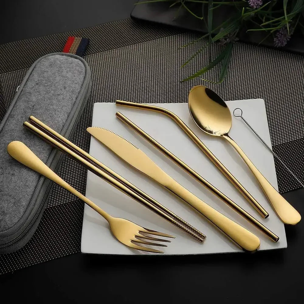 8Pcs/set Tableware Reusable Travel Cutlery Set Camp Utensils Set with stainless steel Spoon Fork Chopsticks Straw Portable case image 2