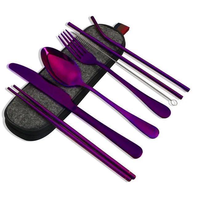 Essential 8-Piece Reusable Travel Cutlery Set for Eco-Conscious Travelers - Purple image