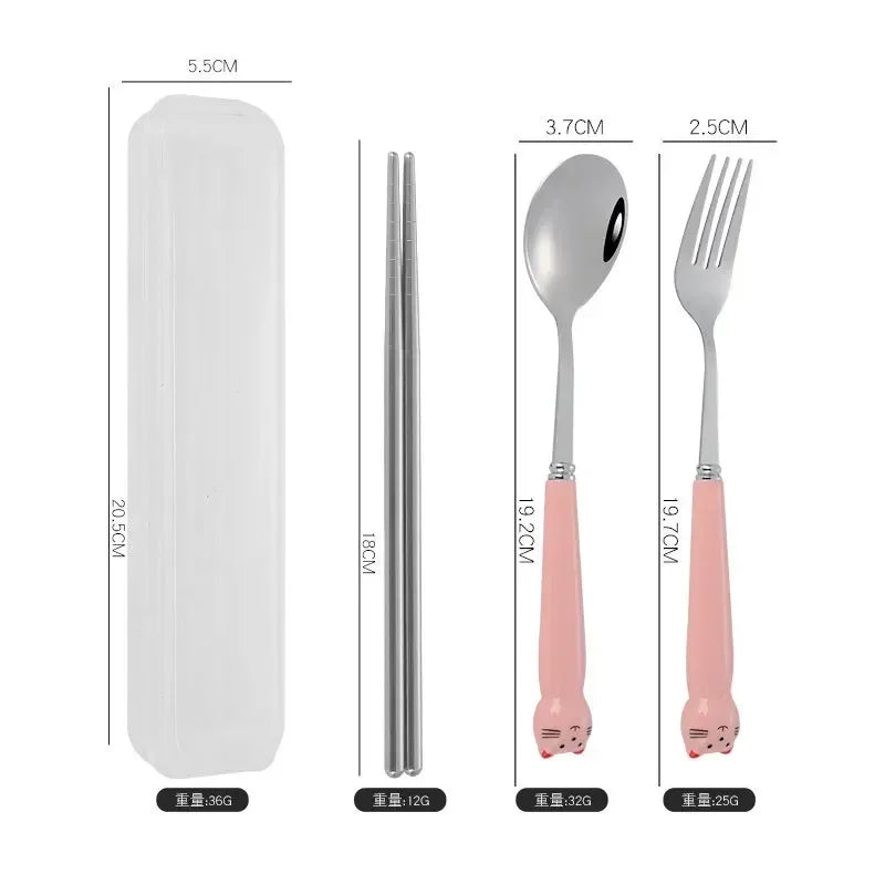Portable Cartoon Tableware Set for Kids – Fun &amp; Durable Utensils with Case - Set A-Pink image