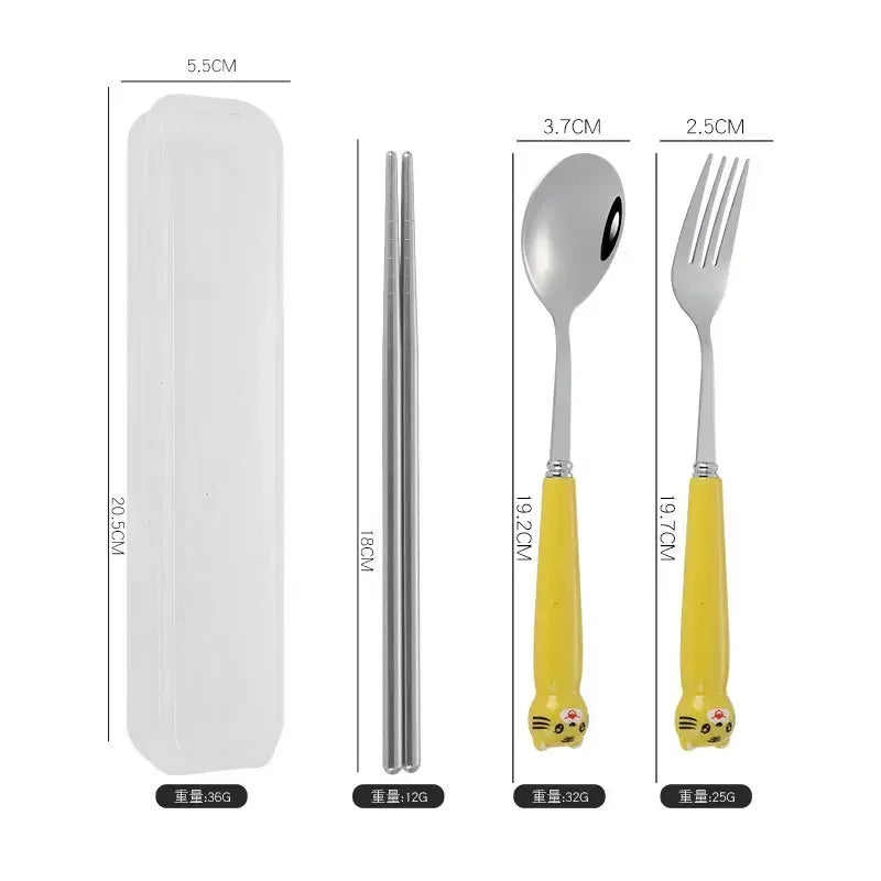 Portable Cartoon Tableware Set for Kids – Fun &amp; Durable Utensils with Case - Set A-Dark Yellow image