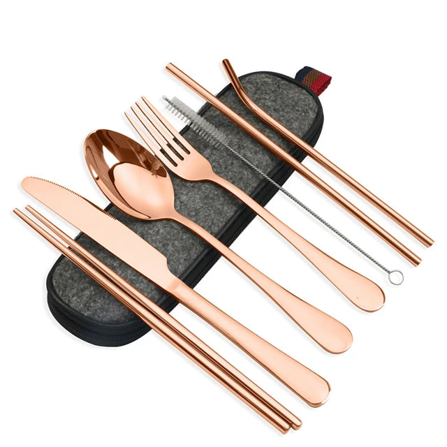 Essential 8-Piece Reusable Travel Cutlery Set for Eco-Conscious Travelers - Copper image
