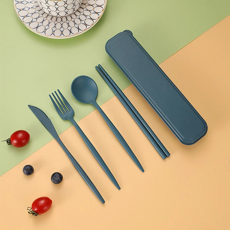 4Pcs Travel Cutlery Sets – Portable Wheat Straw Tableware - Blue image