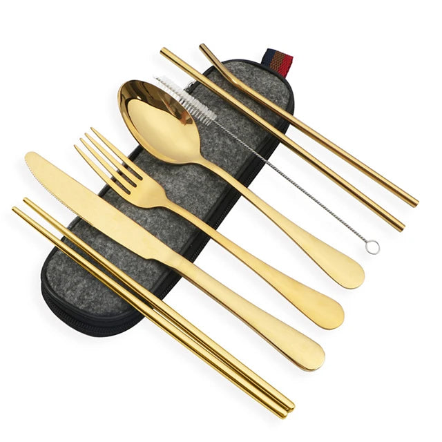 Essential 8-Piece Reusable Travel Cutlery Set for Eco-Conscious Travelers - Gold image