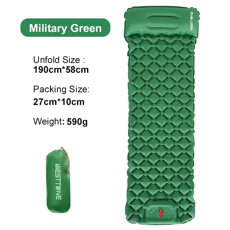 WESTTUNE Ultralight Camping Inflatable Mattress with Built-in Pillow - Military Green image