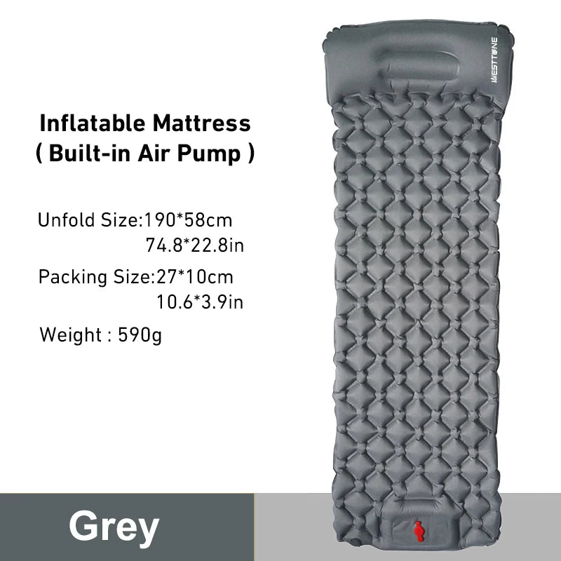 WESTTUNE Ultralight Camping Inflatable Mattress with Built-in Pillow - Grey image