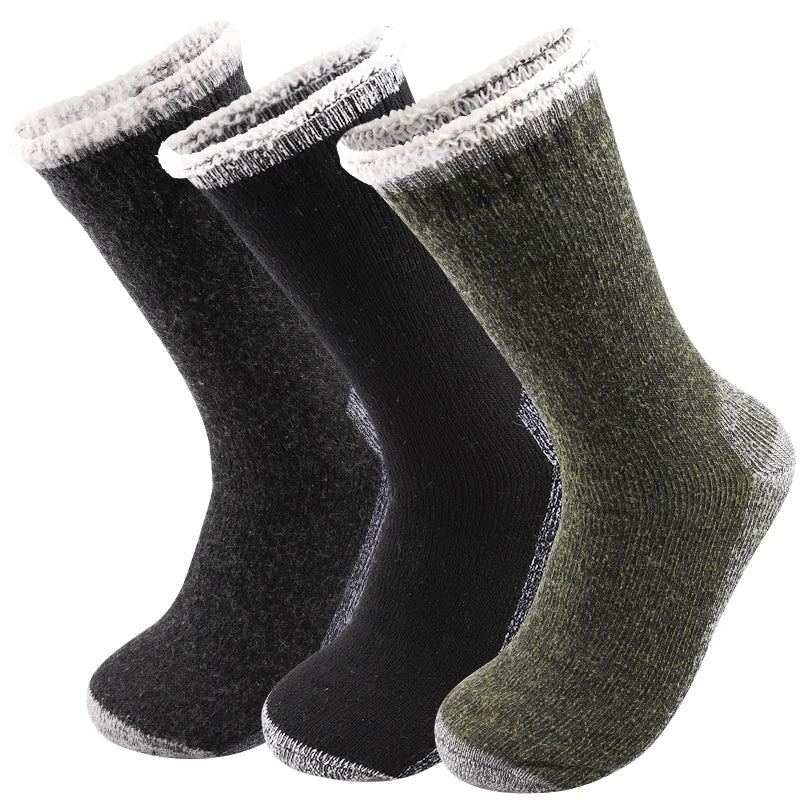 3Pairs Super Thick Merino Wool Socks Male Men Winter Thermal Cashmere Socks Fleece Terry Loop Middle Tube Socks High Quality - One Size, Mix Colors image