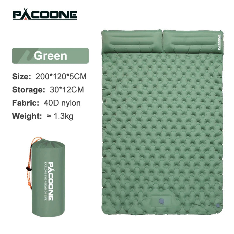 PACOONE Outdoor Camping Double Inflatable Mattress - Army Green image