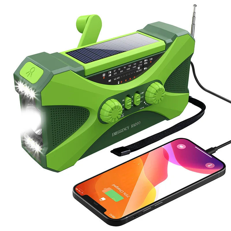 Stay Prepared with the Multifunctional 10000mAh Solar Crank Radio - Green image