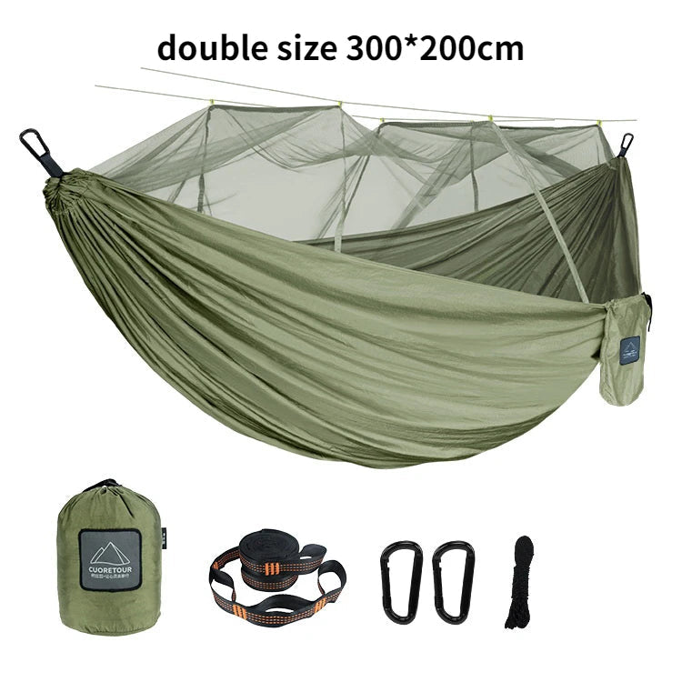 Portable Nylon Camping Hammock with Mosquito Net – Single &amp; Double Size - double army green image