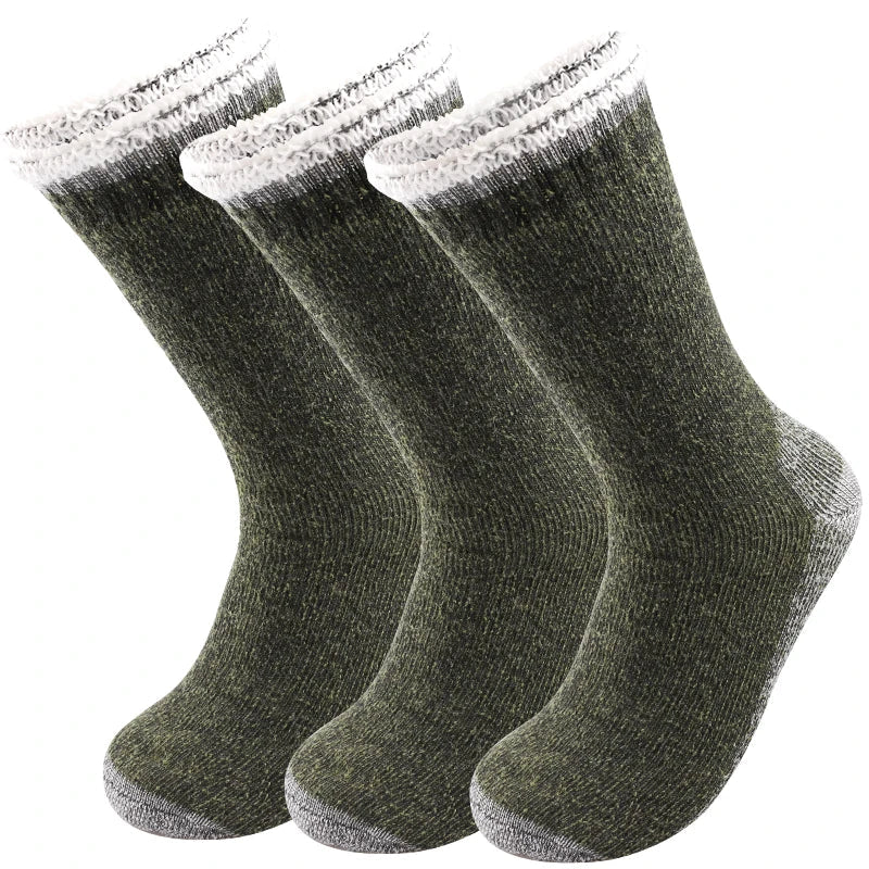 3Pairs Super Thick Merino Wool Socks Male Men Winter Thermal Cashmere Socks Fleece Terry Loop Middle Tube Socks High Quality - One Size, Green image
