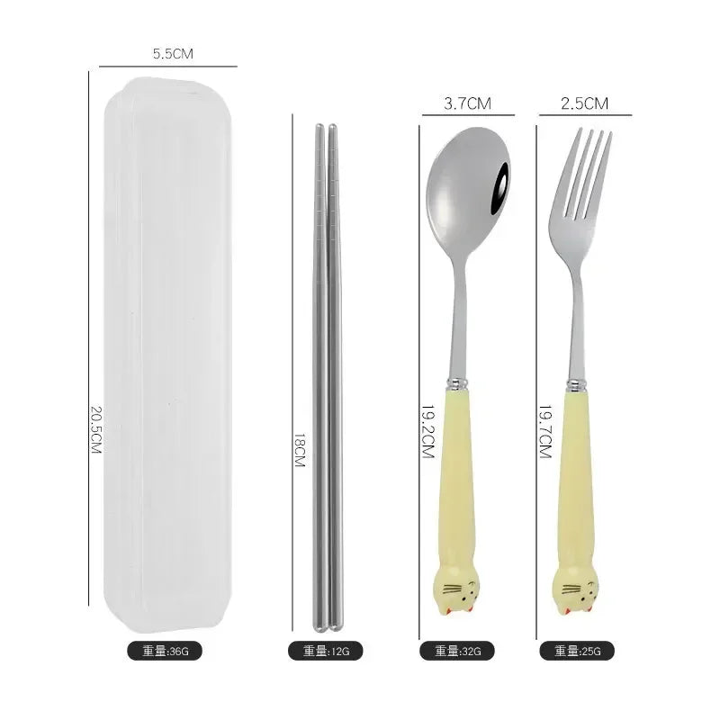 Portable Cartoon Tableware Set for Kids – Fun &amp; Durable Utensils with Case - Set A-Light Yellow image
