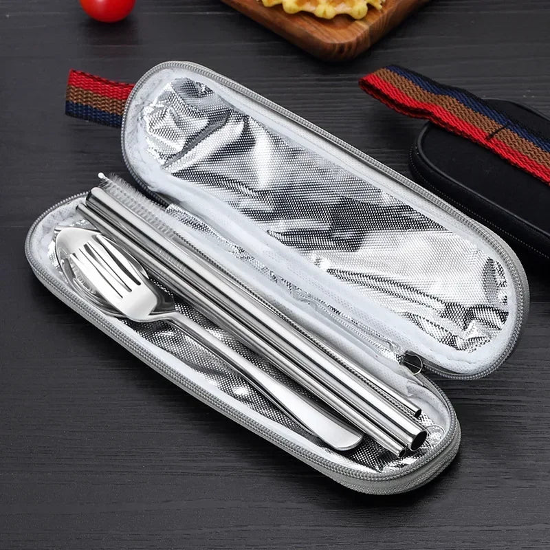 8Pcs/set Tableware Reusable Travel Cutlery Set Camp Utensils Set with stainless steel Spoon Fork Chopsticks Straw Portable case image 3