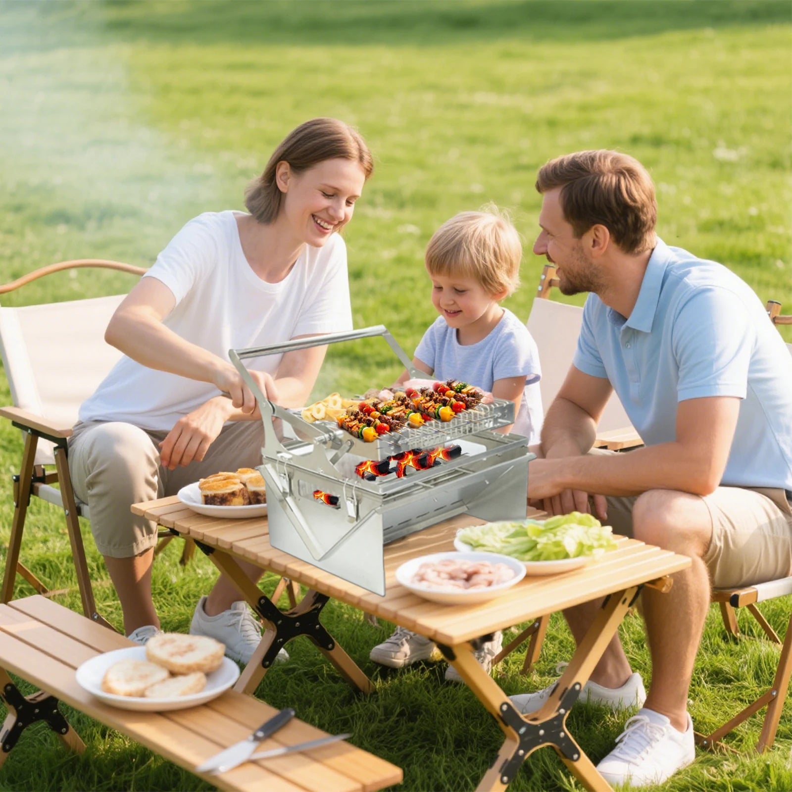 Portable BBQ Grill with 360° Rotating Top Grid for Camping image 2