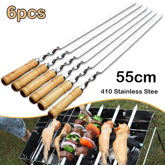 55cm Large Reusable BBQ Skewer – Stainless Steel with Wooden Handle image 0