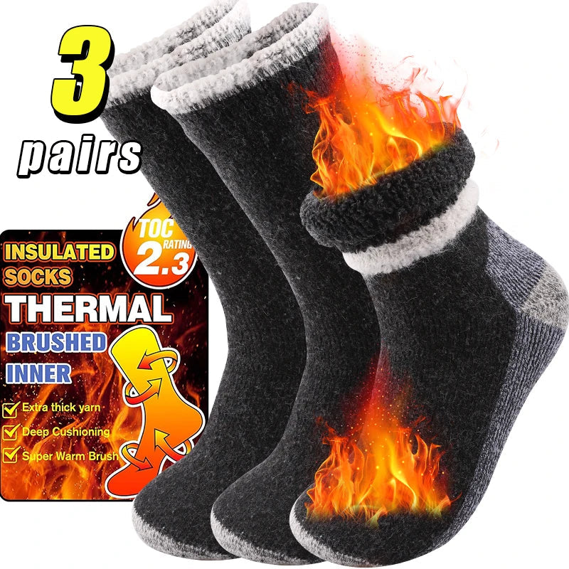 3Pairs Super Thick Merino Wool Socks Male Men Winter Thermal Cashmere Socks Fleece Terry Loop Middle Tube Socks High Quality image 0