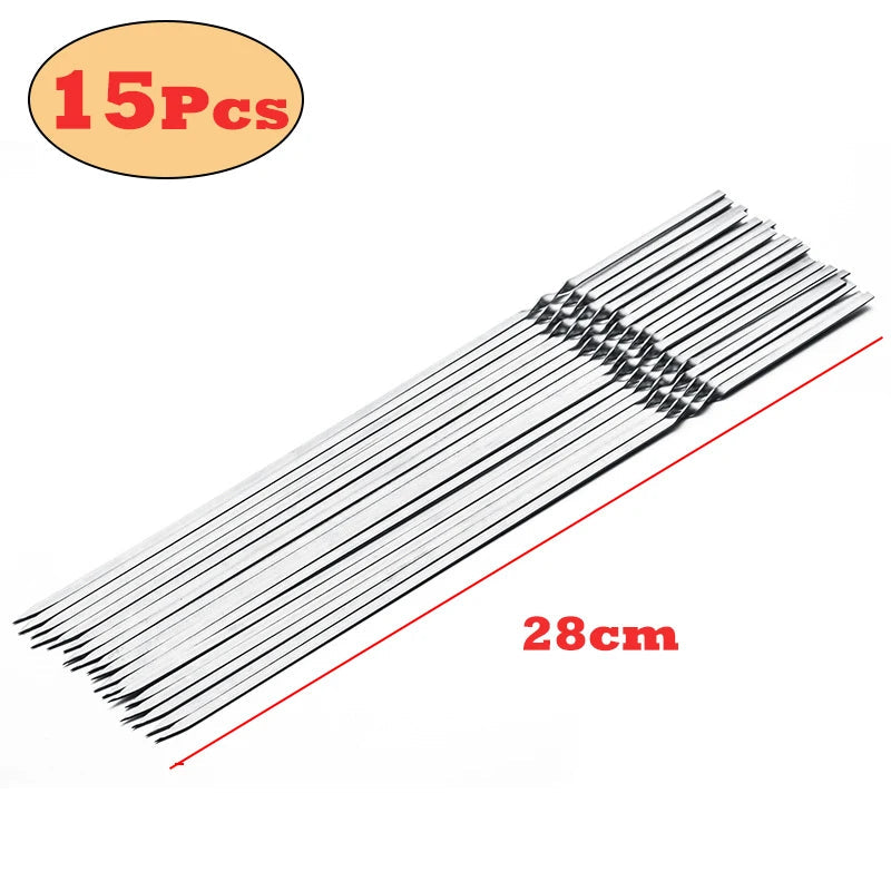 Durable and Reusable Stainless Steel BBQ Skewers for Outdoor Cooking - 28cm15pcs image