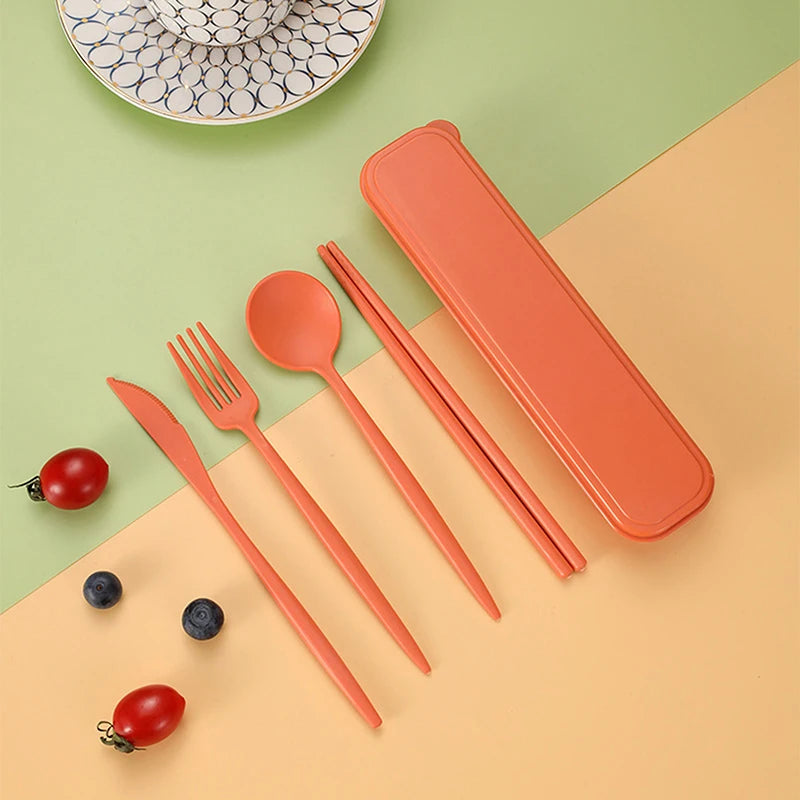 4Pcs Travel Cutlery Sets – Portable Wheat Straw Tableware - Orange image
