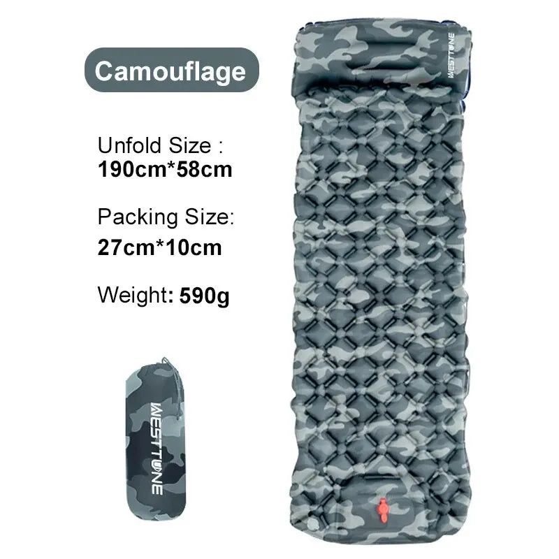 WESTTUNE Ultralight Camping Inflatable Mattress with Built-in Pillow - Camouflage image