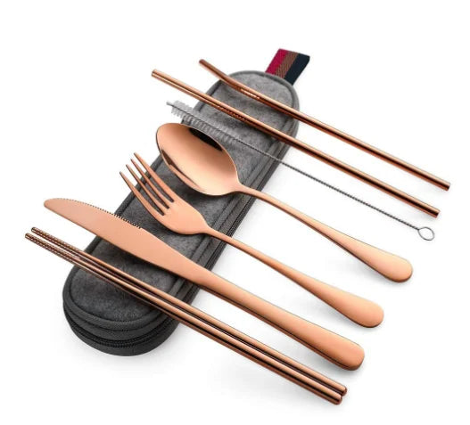 8Pcs/set Tableware Reusable Travel Cutlery Set Camp Utensils Set with stainless steel Spoon Fork Chopsticks Straw Portable case image 9