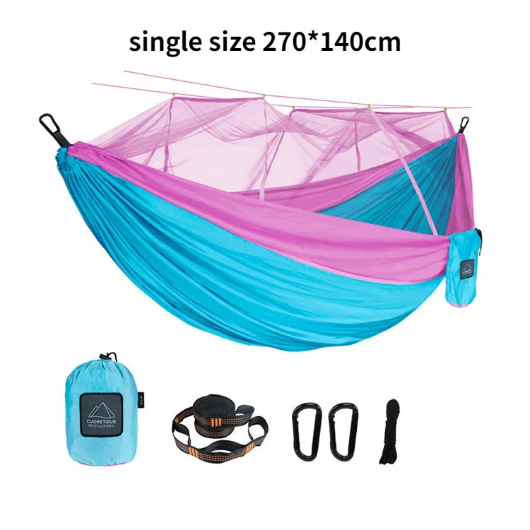 Portable Nylon Camping Hammock with Mosquito Net – Single &amp; Double Size - single blue pink image