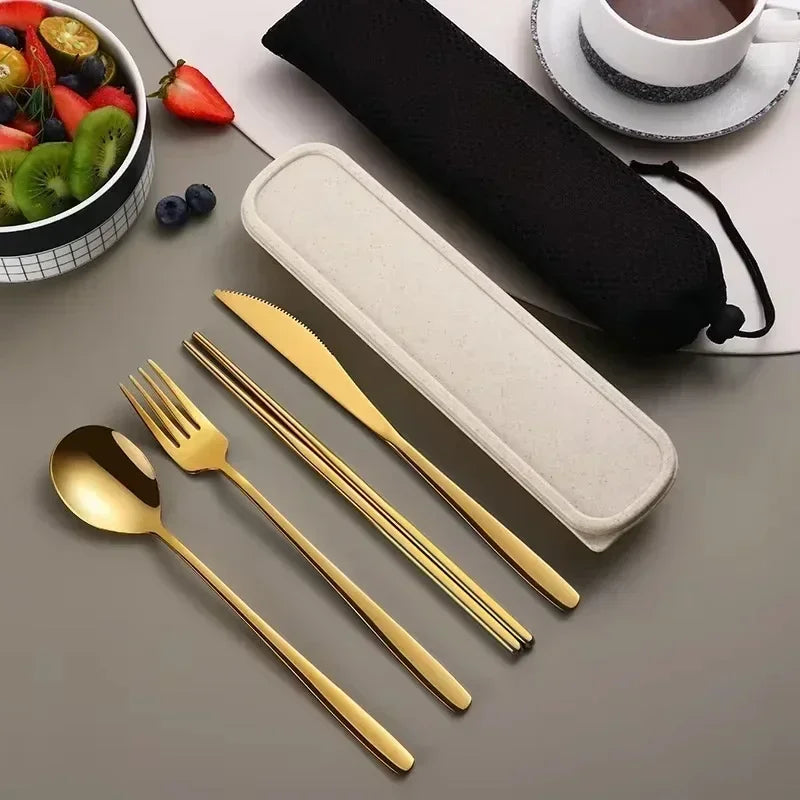 Portable Cutlery Set – 304 Stainless Steel Travel Tableware with Case - Gold image