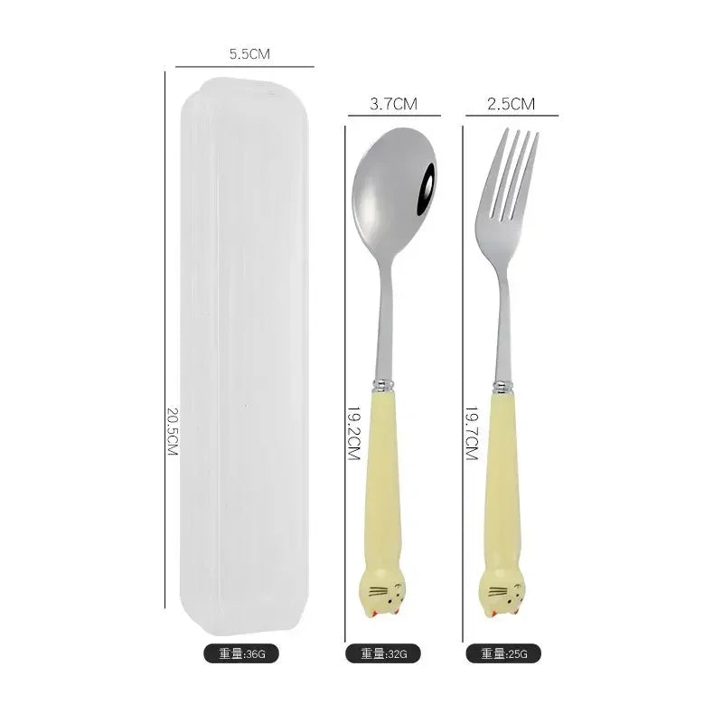 Portable Cartoon Tableware Set for Kids – Fun &amp; Durable Utensils with Case - Set B-Light Yellow image