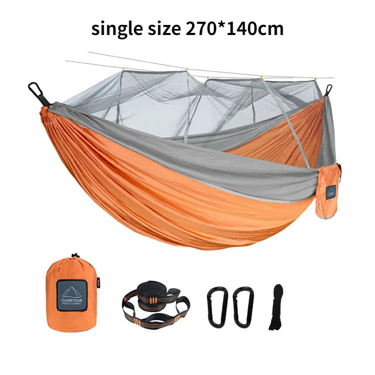 Portable Nylon Camping Hammock with Mosquito Net – Single &amp; Double Size - single orange grey image