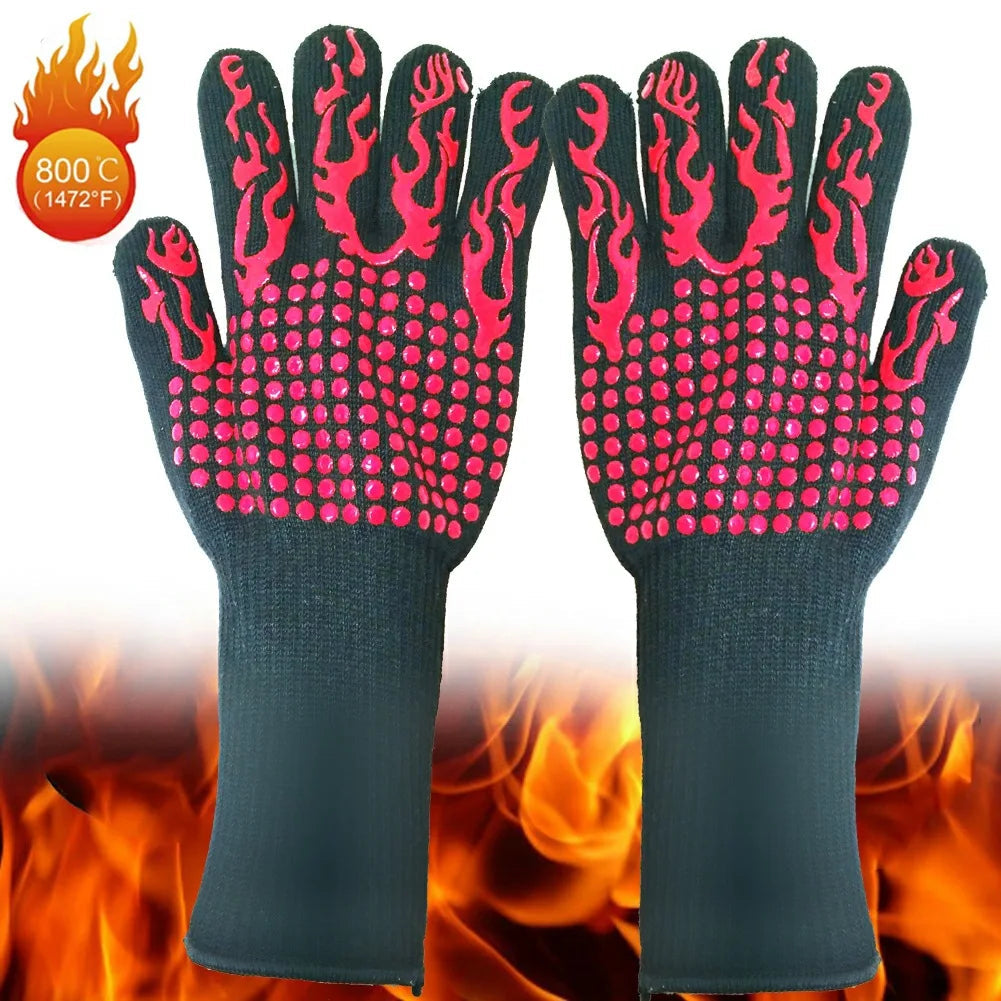 One Piece BBQ Gloves – High-Temperature Resistance Oven Mitts - a pair Red Torch image