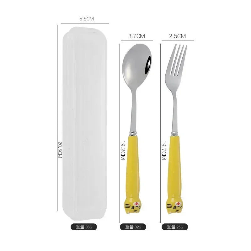 Portable Cartoon Tableware Set for Kids – Fun &amp; Durable Utensils with Case - Set B-Dark Yellow image