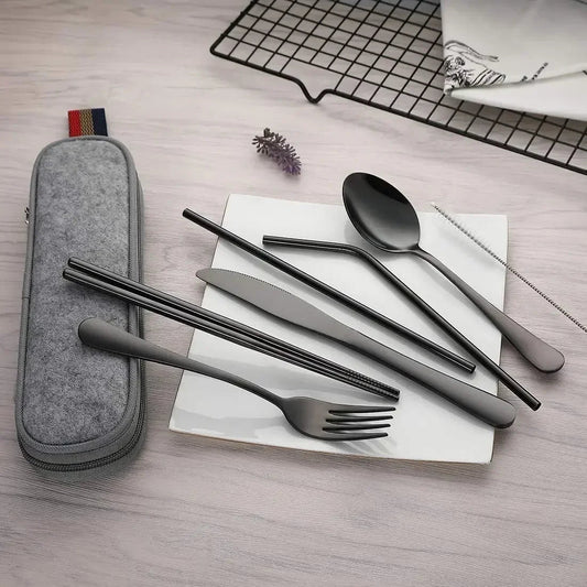8Pcs/set Tableware Reusable Travel Cutlery Set Camp Utensils Set with stainless steel Spoon Fork Chopsticks Straw Portable case image 1