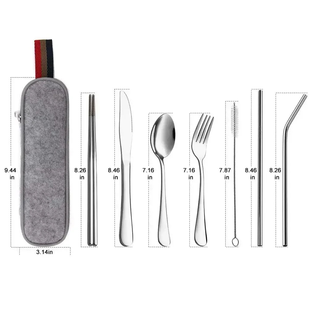 8Pcs/set Tableware Reusable Travel Cutlery Set Camp Utensils Set with stainless steel Spoon Fork Chopsticks Straw Portable case image 4