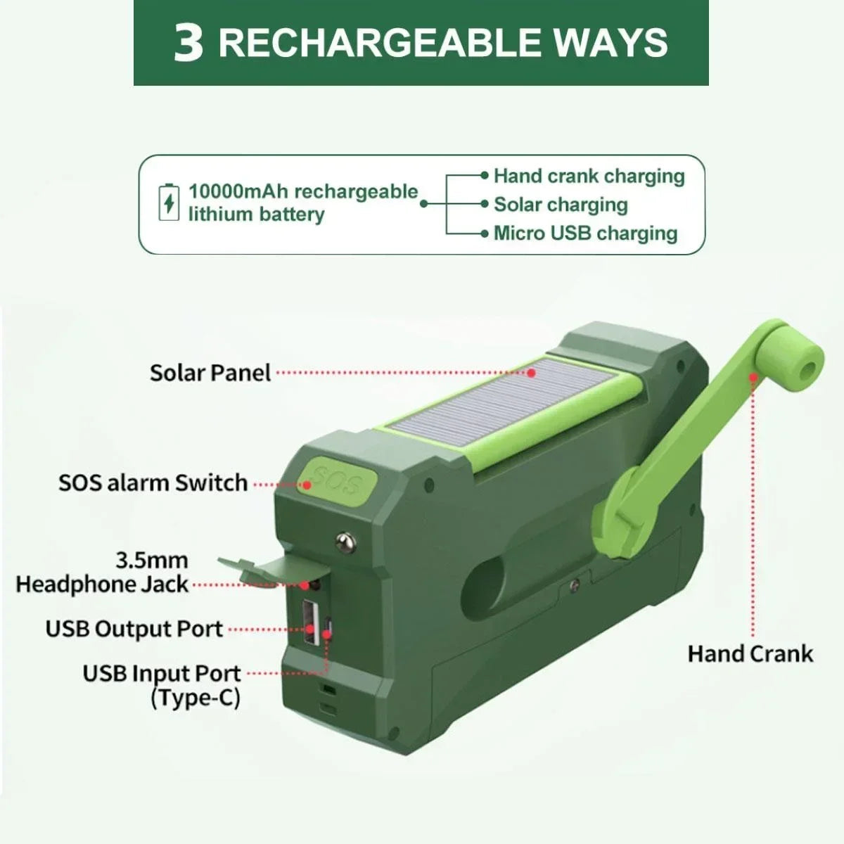 Stay Prepared with the Multifunctional 10000mAh Solar Crank Radio image 2