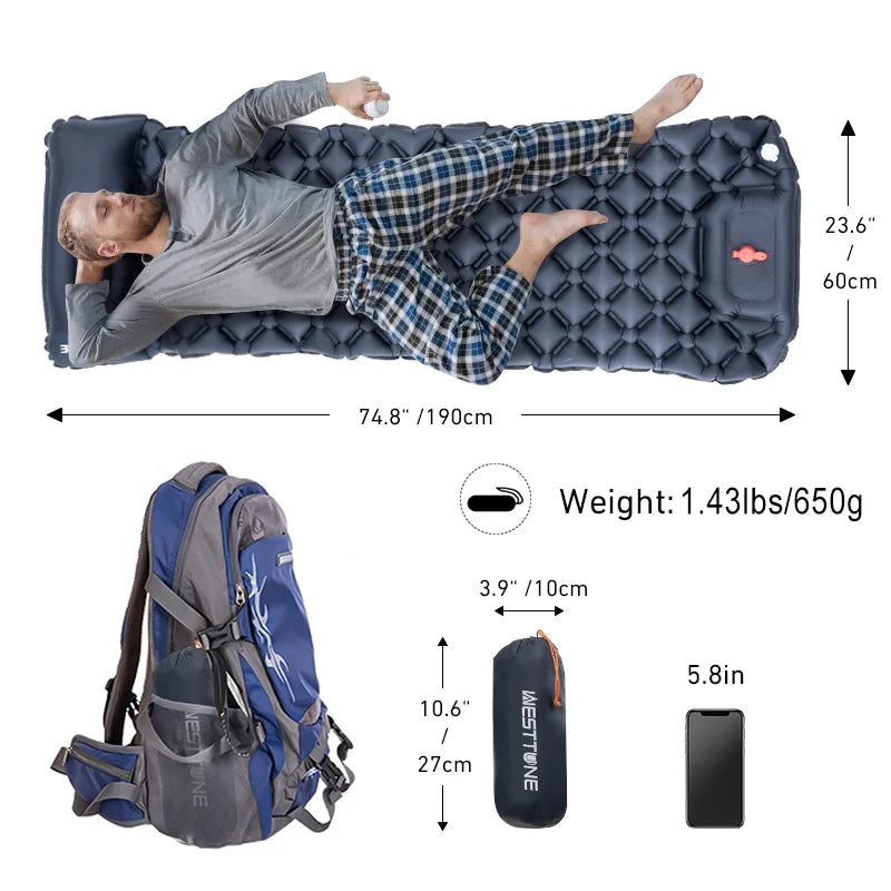 WESTTUNE Ultralight Camping Inflatable Mattress with Built-in Pillow image 3
