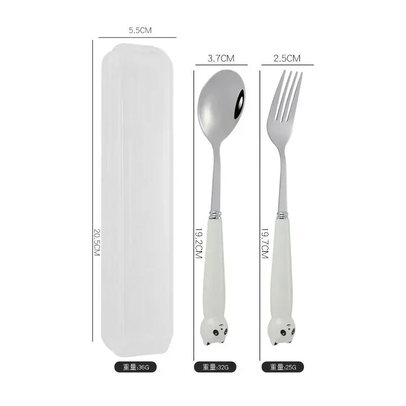 Portable Cartoon Tableware Set for Kids – Fun &amp; Durable Utensils with Case - Set B-White Cat image