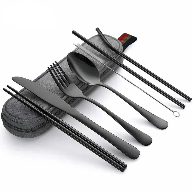 8Pcs/set Tableware Reusable Travel Cutlery Set Camp Utensils Set with stainless steel Spoon Fork Chopsticks Straw Portable case - black image