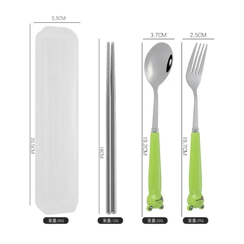 Portable Cartoon Tableware Set for Kids – Fun &amp; Durable Utensils with Case - Set A-Green image