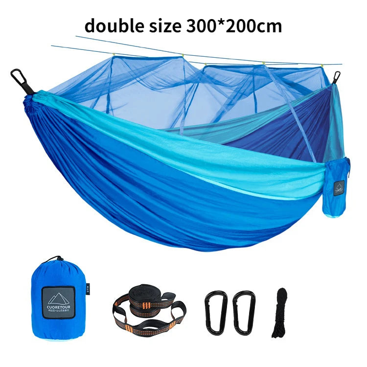 Portable Nylon Camping Hammock with Mosquito Net – Single &amp; Double Size - double blue 2 image