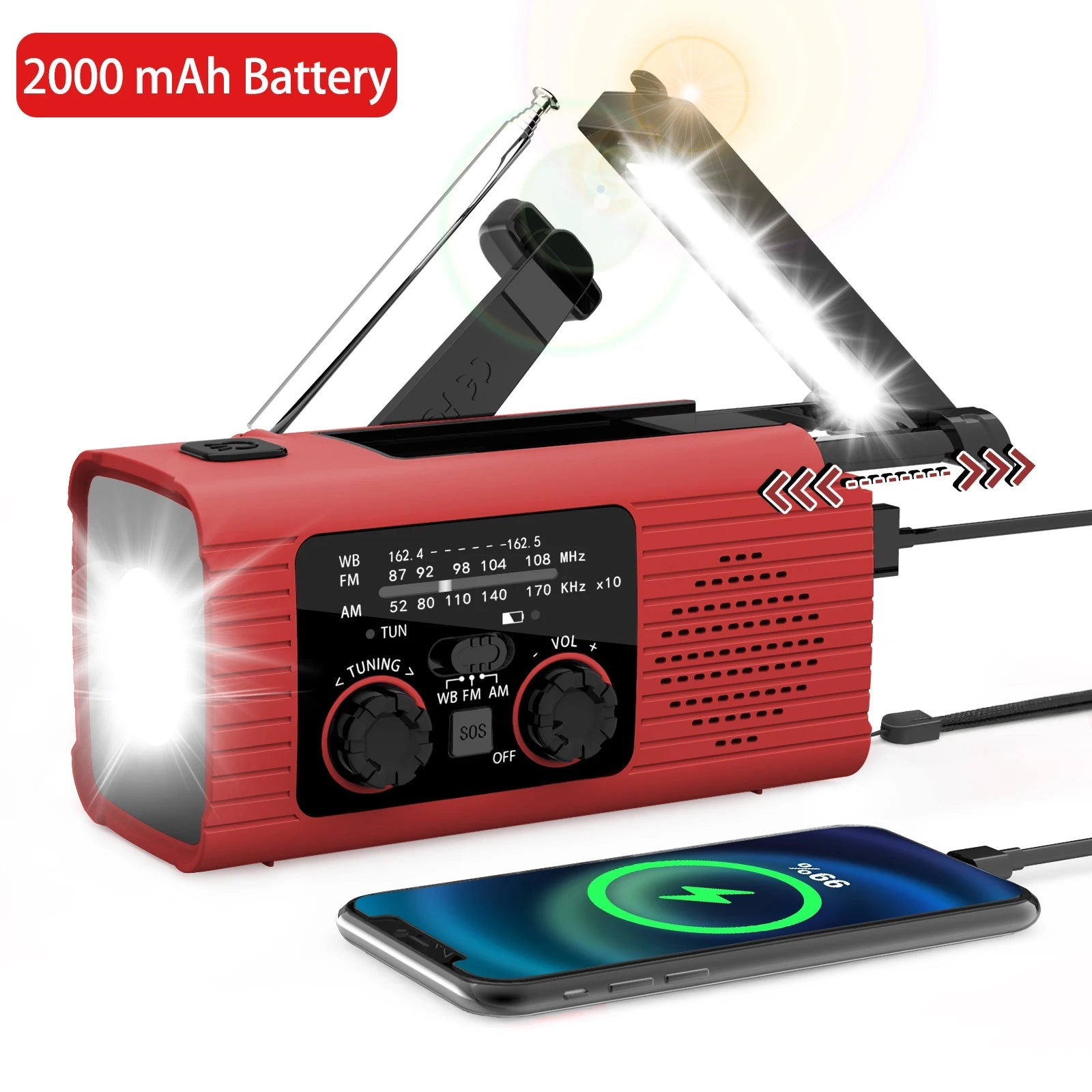 Solar Rechargeable Radio with LED Light – Perfect for Outdoor Adventures - L0635 Red image