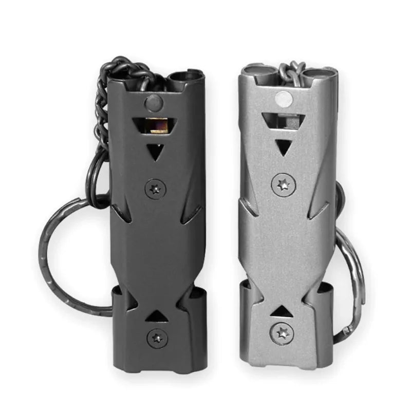 Stainless Steel Double Pipe Emergency Survival Whistle – Portable Keychain Tool image 0