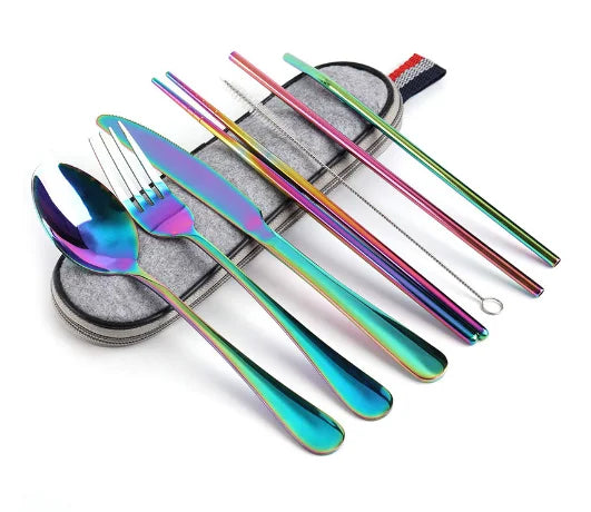 8Pcs/set Tableware Reusable Travel Cutlery Set Camp Utensils Set with stainless steel Spoon Fork Chopsticks Straw Portable case - MULTI image