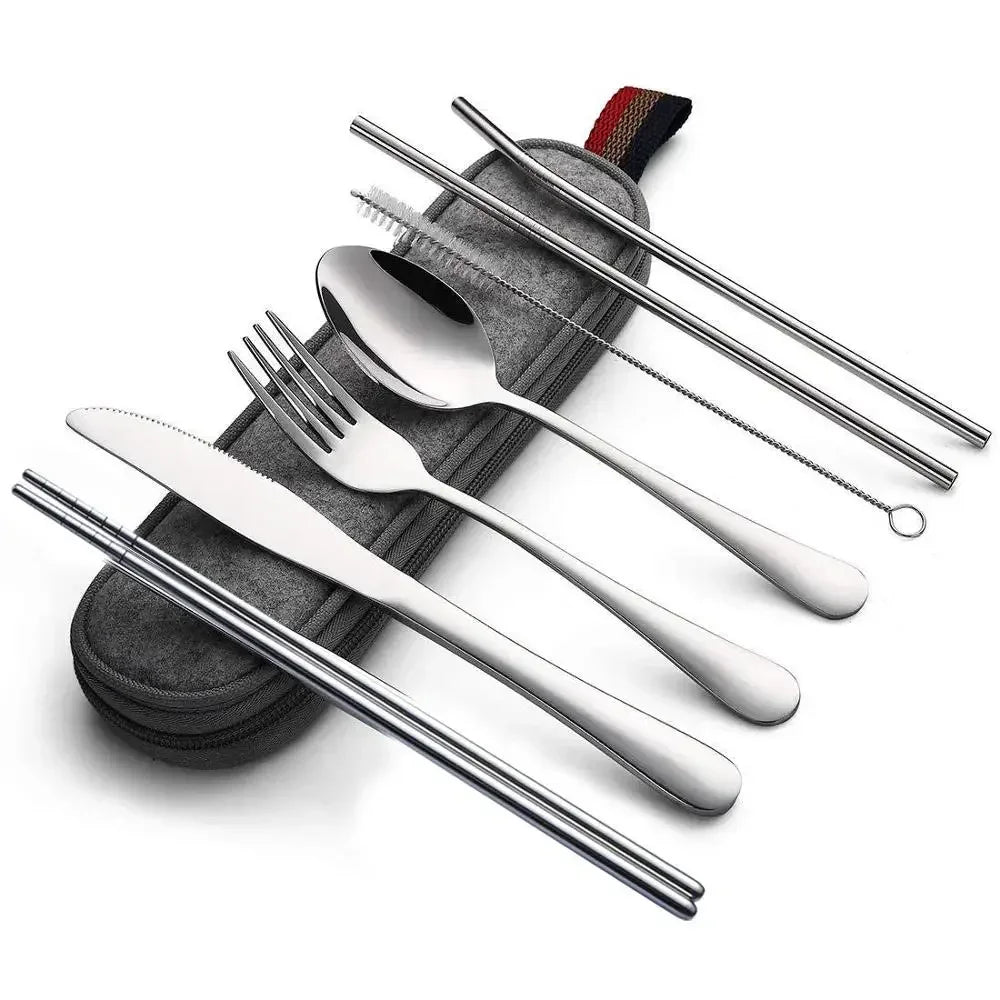 8Pcs/set Tableware Reusable Travel Cutlery Set Camp Utensils Set with stainless steel Spoon Fork Chopsticks Straw Portable case image 7