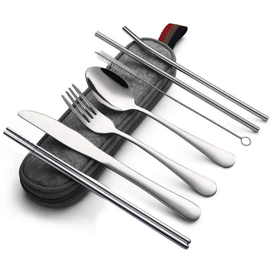 8Pcs/set Tableware Reusable Travel Cutlery Set Camp Utensils Set with stainless steel Spoon Fork Chopsticks Straw Portable case image 7