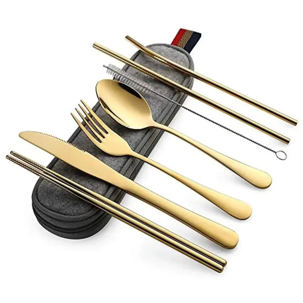8Pcs/set Tableware Reusable Travel Cutlery Set Camp Utensils Set with stainless steel Spoon Fork Chopsticks Straw Portable case - Gold image