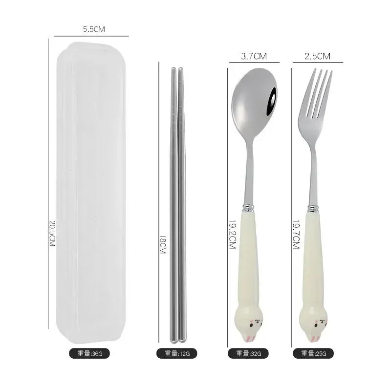Portable Cartoon Tableware Set for Kids – Fun &amp; Durable Utensils with Case - Set A-White Rabbit image