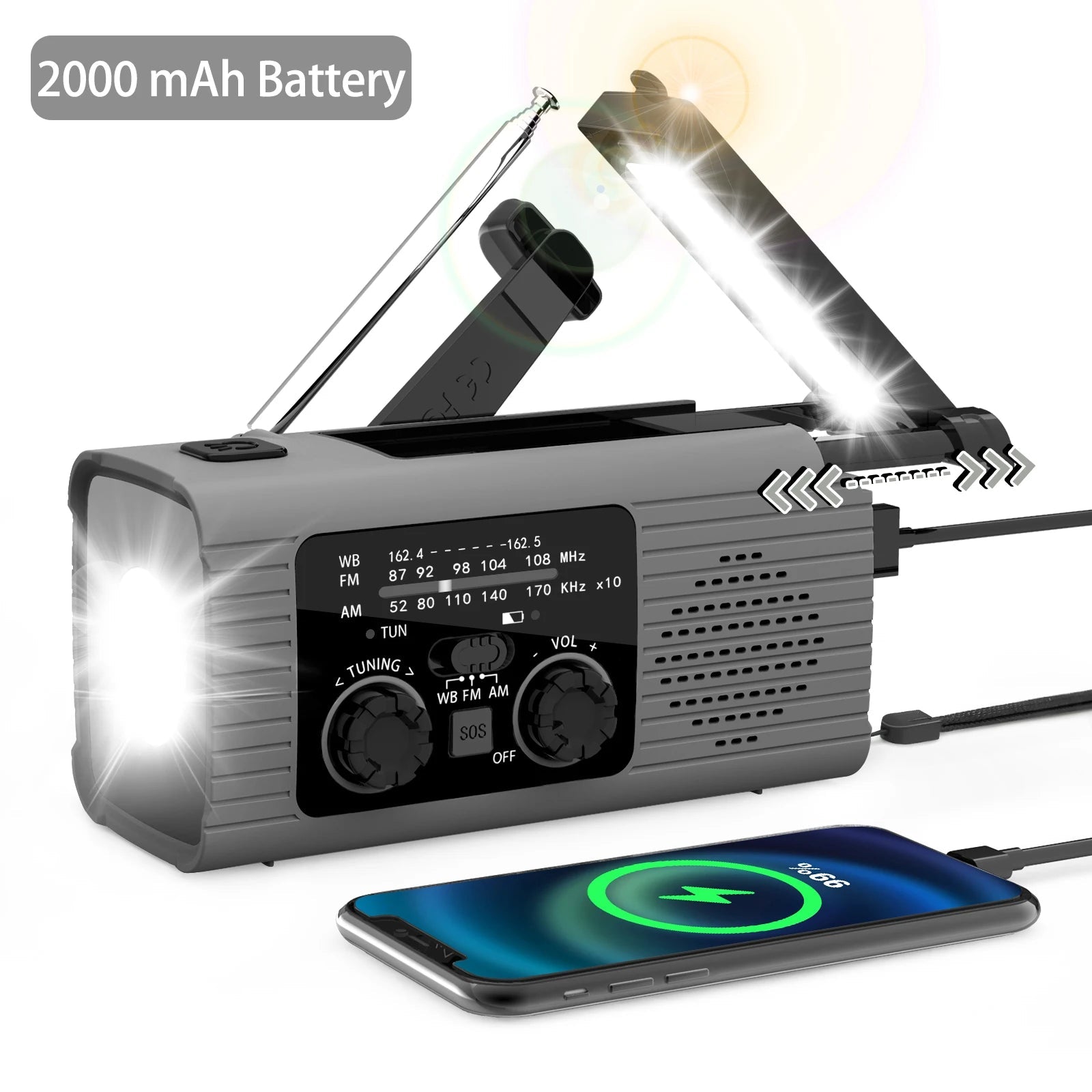 Solar Rechargeable Radio with LED Light – Perfect for Outdoor Adventures - L0635 Black image