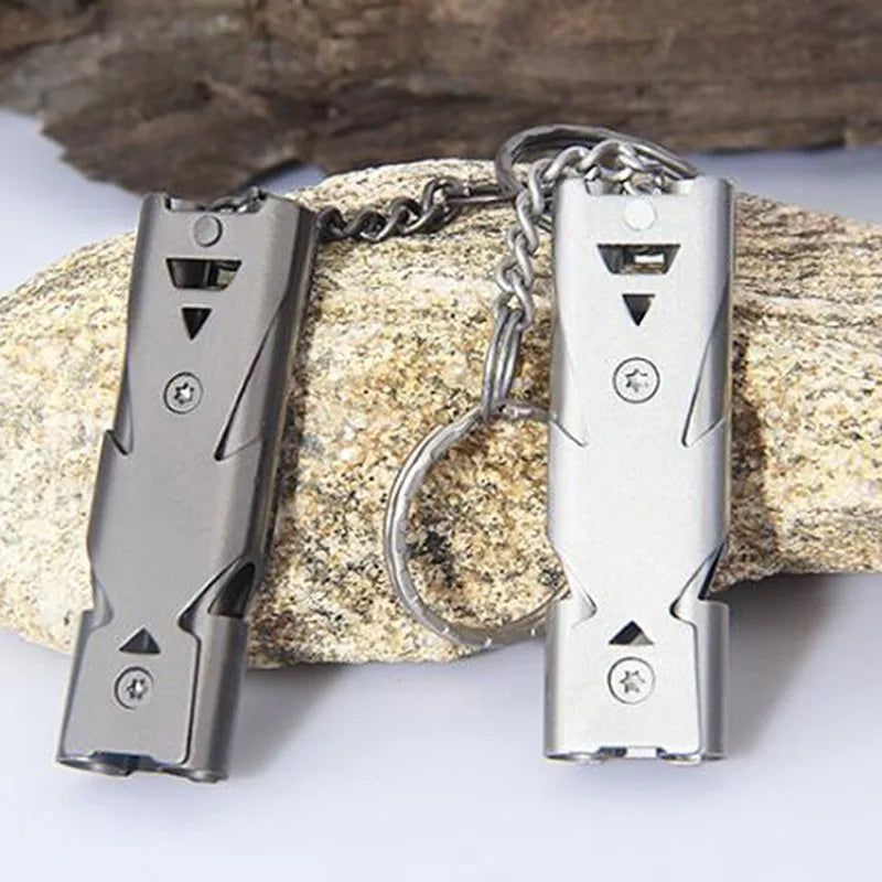 Stainless Steel Double Pipe Emergency Survival Whistle – Portable Keychain Tool image 3