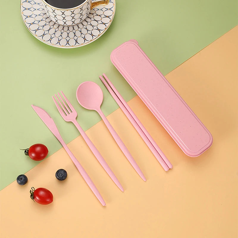 4Pcs Travel Cutlery Sets – Portable Wheat Straw Tableware - Pink image